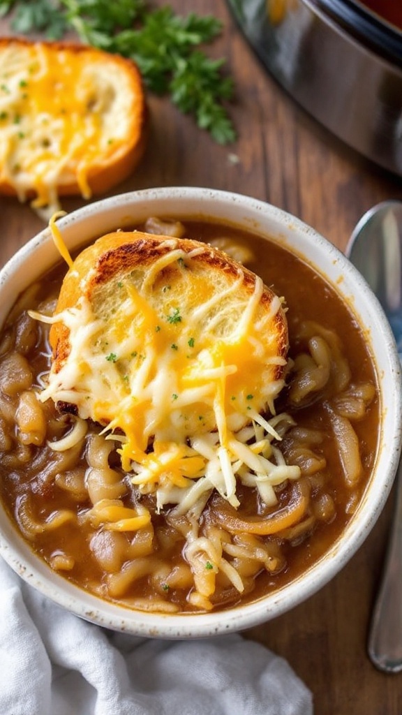 A hearty bowl of French onion soup with caramelized onions and melted cheese on top, served with a toasted slice of bread.